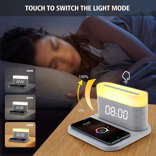 Wireless Chargers Pad Stand Alarm Bedroom Lamp Night Light Desktop Clock Temperature Thermometer Phone Fast Charging Dock