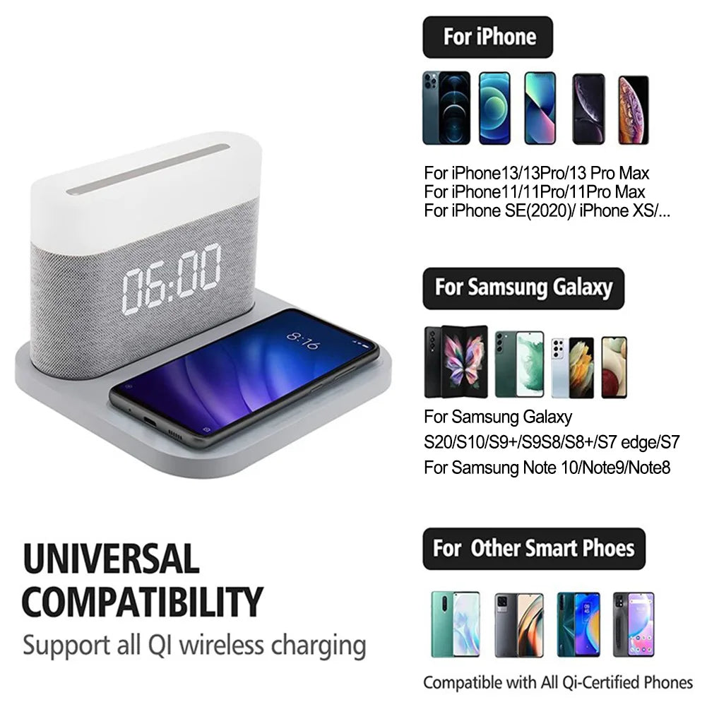 Wireless Chargers Pad Stand Alarm Bedroom Lamp Night Light Desktop Clock Temperature Thermometer Phone Fast Charging Dock