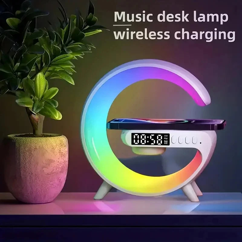 Wireless Charger Station RGB Desk Lamp Alarm Clock Speaker For iPhone Samsung 15W Fast Charging Stand Pad