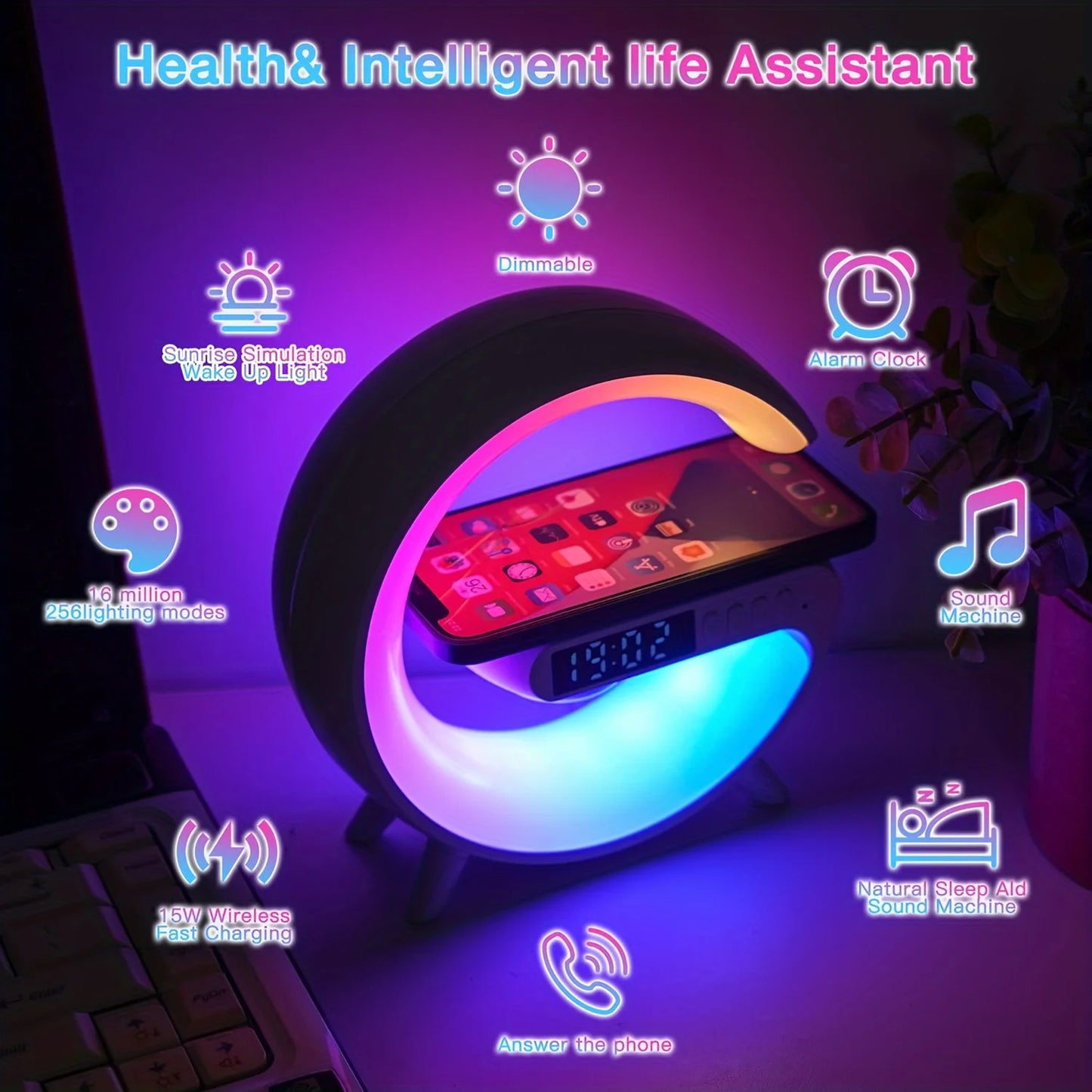 Wireless Charger Station RGB Desk Lamp Alarm Clock Speaker For iPhone Samsung 15W Fast Charging Stand Pad