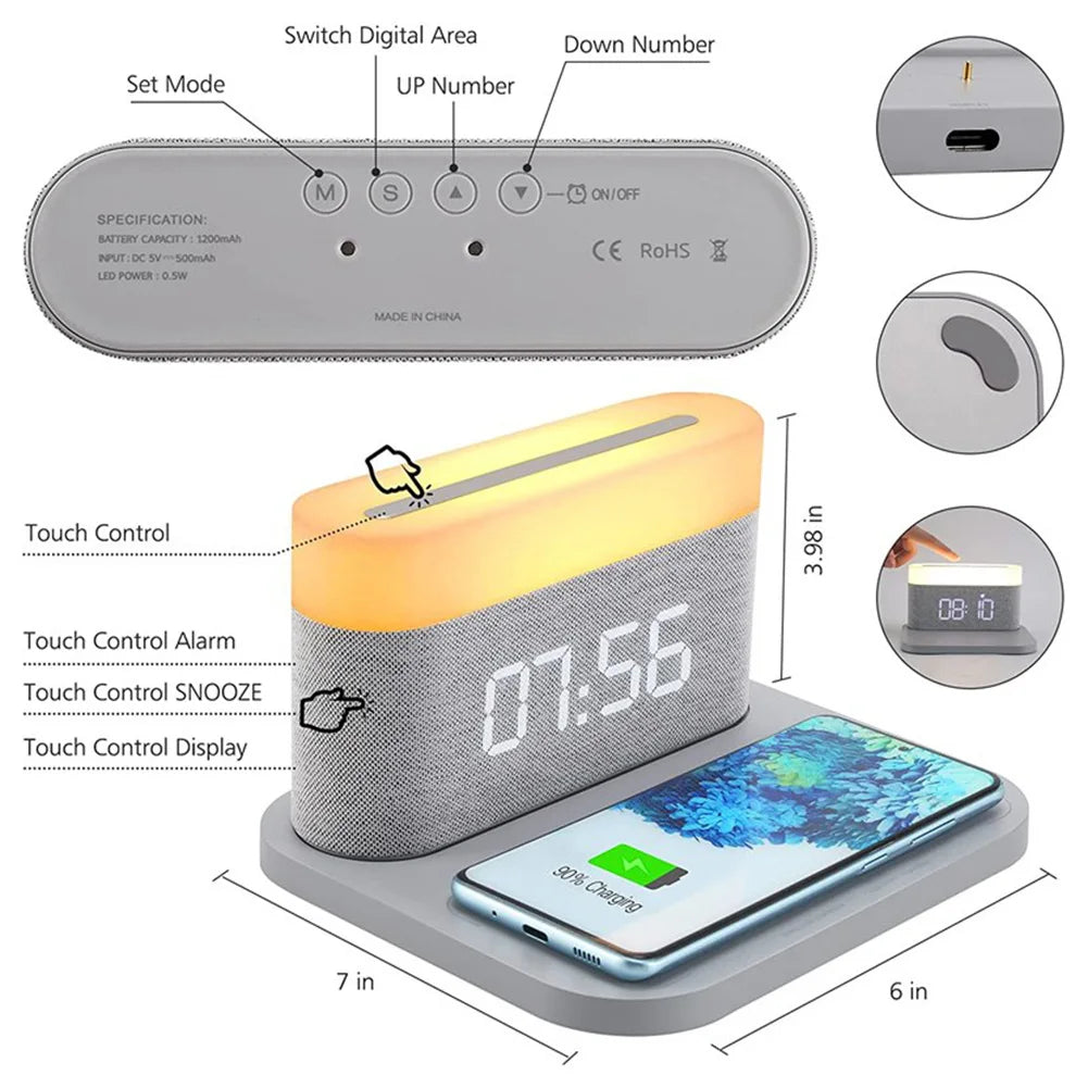 Wireless Chargers Pad Stand Alarm Bedroom Lamp Night Light Desktop Clock Temperature Thermometer Phone Fast Charging Dock