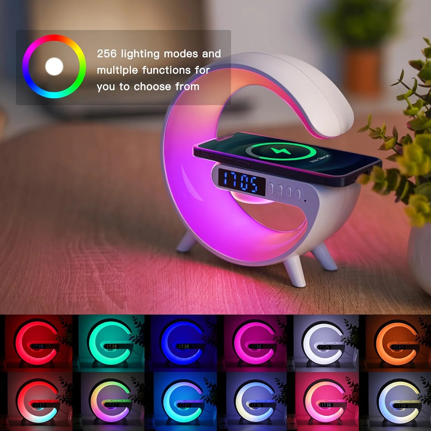 Wireless Charger Station RGB Desk Lamp Alarm Clock Speaker For iPhone Samsung 15W Fast Charging Stand Pad