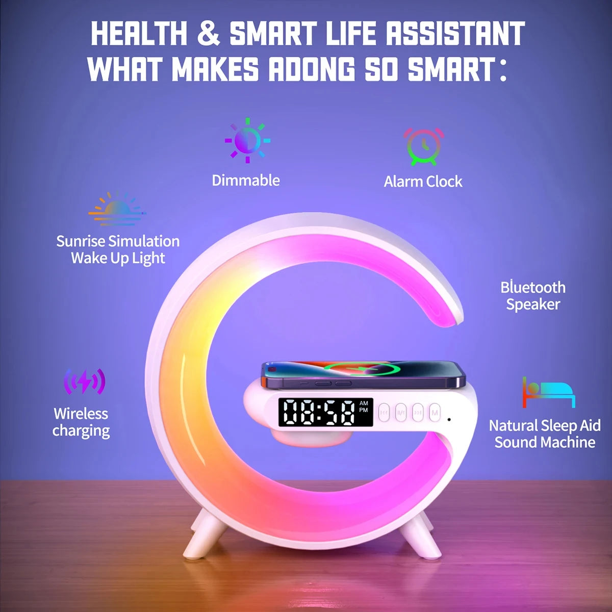 Wireless Charger Station RGB Desk Lamp Alarm Clock Speaker For iPhone Samsung 15W Fast Charging Stand Pad