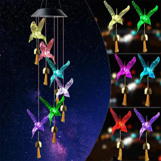 Color Changing Solar Power Wind Chime Hummingbird Angel Butterfly Waterproof Outdoor Decoration LED Light